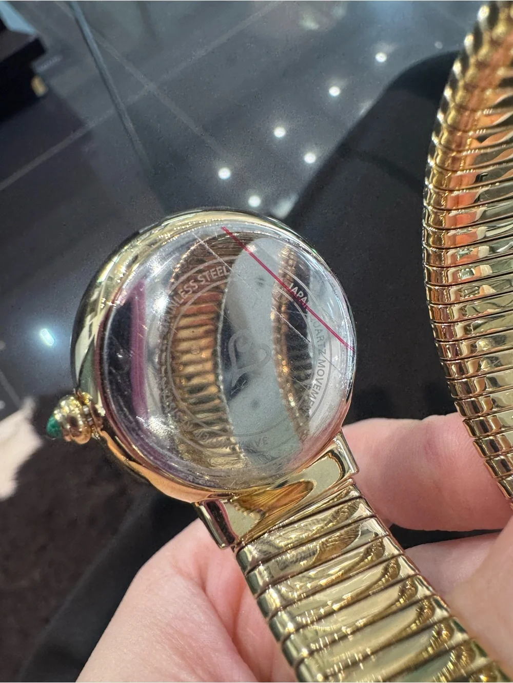 NEW Colleen Lopez gold-tone crystal bezel tubogas coil watch w/ green malachite